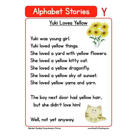 Alphabet Stories Comprehension Y Worksheet