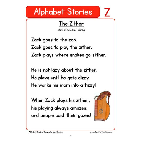 Alphabet Stories Comprehension Z Worksheet