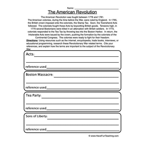 American Revolution Worksheet