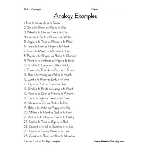 Analogy Examples Worksheet