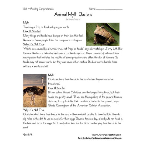 Animal Myth Busters Worksheet