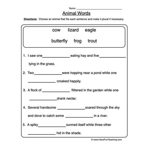 Animal Words Singular Plural Worksheet