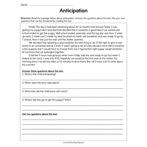 Anticipation Ask and Answer Questions Worksheet