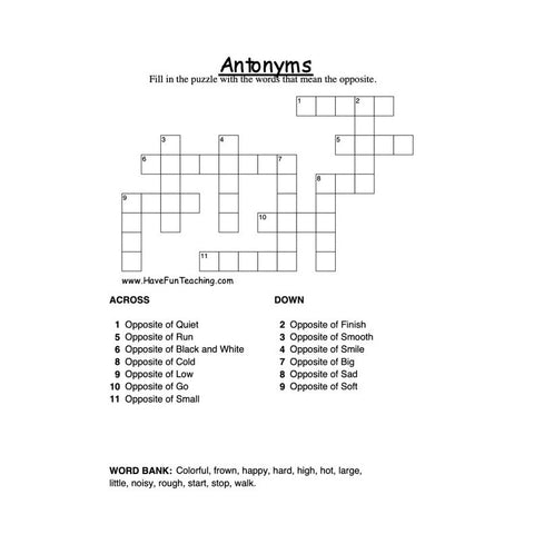 Antonym Crossword Puzzle Worksheet