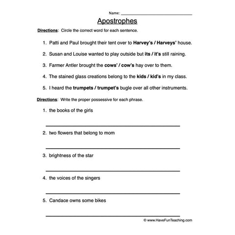 Apostrophes Worksheet