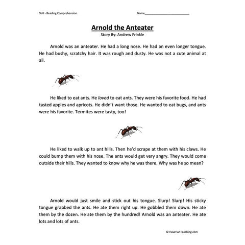 Arnold the Anteater Reading Comprehension Worksheet