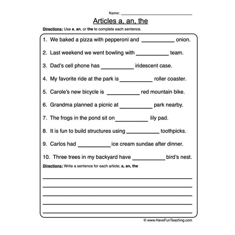 Articles Worksheet 2
