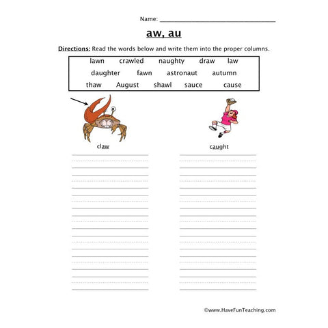 AU AW Diphthong Worksheet