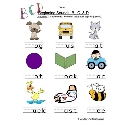 B C D Beginning Sounds Worksheet