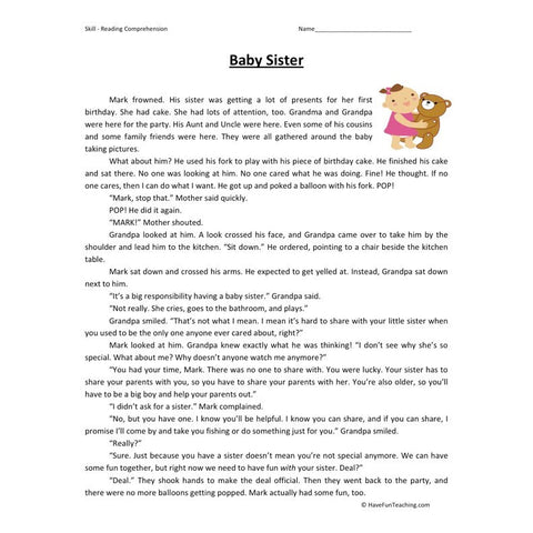 Baby Sister Reading Comprehension Worksheet
