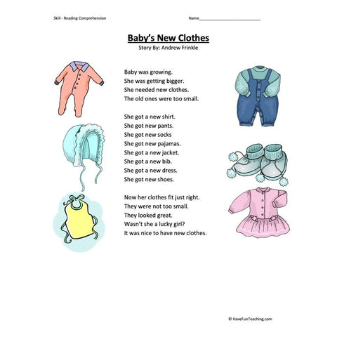 Babys New Clothes Reading Comprehension Worksheet