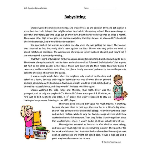 Babysitting Reading Comprehension Worksheet