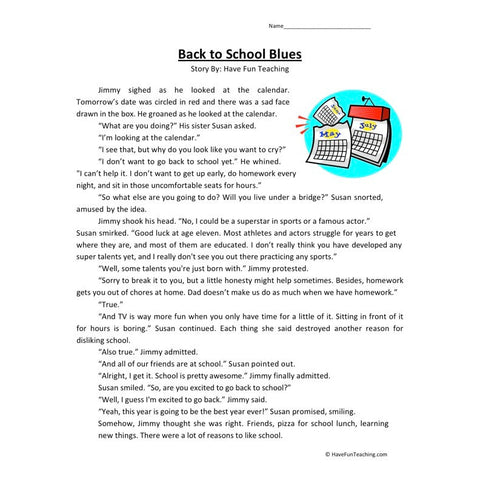 Back to School Blues Reading Comprehension Worksheet