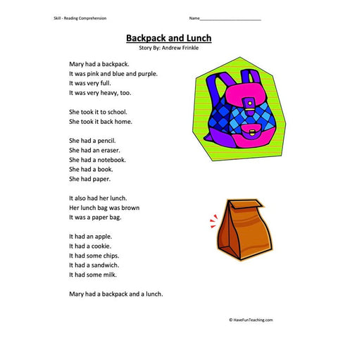 Backpack and Lunch Reading Comprehension Worksheet