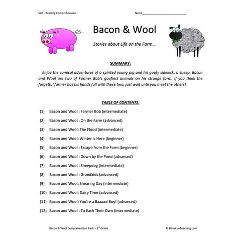 Bacon and Wool Collection Reading Comprehension Worksheets Worksheet