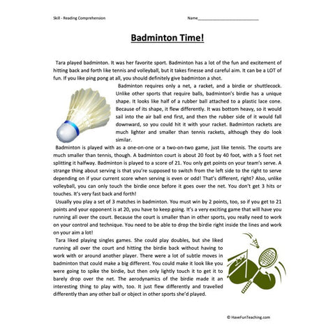 Badminton Time Reading Comprehension Worksheet