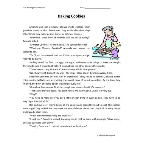 Baking Cookies Reading Comprehension Worksheet