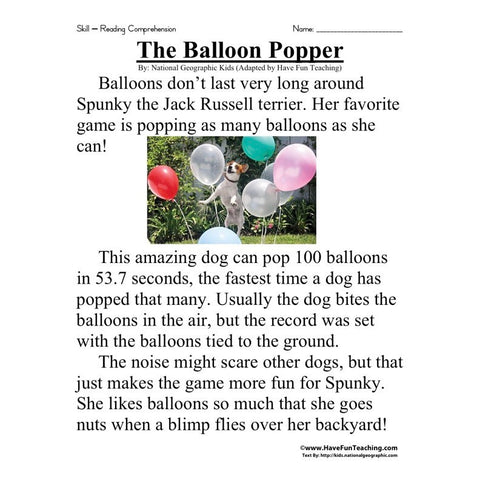 Balloon Popper Worksheet