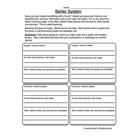 Barter System Worksheet
