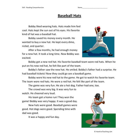 Baseball Hat Reading Comprehension Worksheet