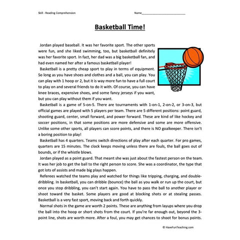 Basketball Time Reading Comprehension Worksheet