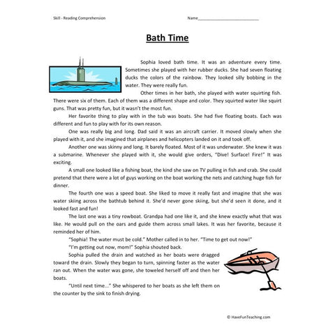 Bath Time Reading Comprehension Worksheet