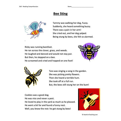 Bee Sting Reading Comprehension Worksheet