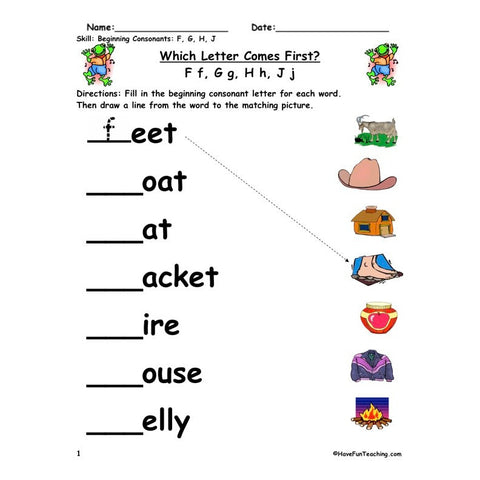 Beginning Consonants F G H J Worksheet