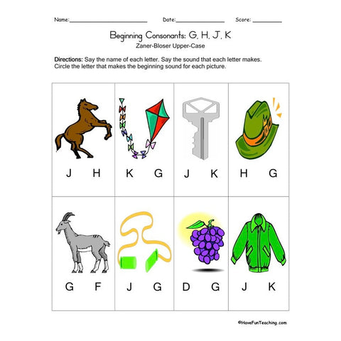Beginning Consonants G H J K Worksheet