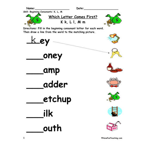 Beginning Consonants K L M Worksheet