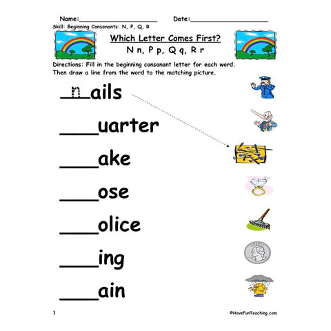 Beginning Consonants N P Q R Worksheet
