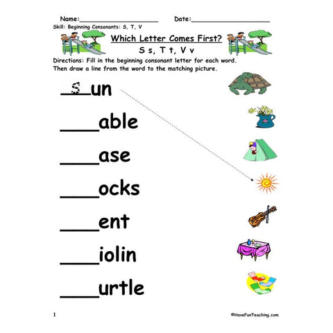 Beginning Consonants S T V Worksheet