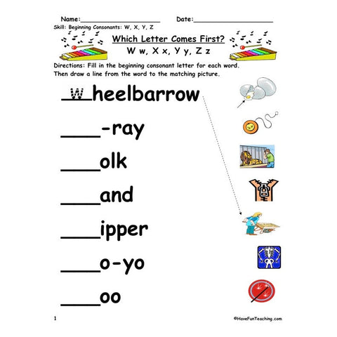 Beginning Consonants W X Y Z Worksheet