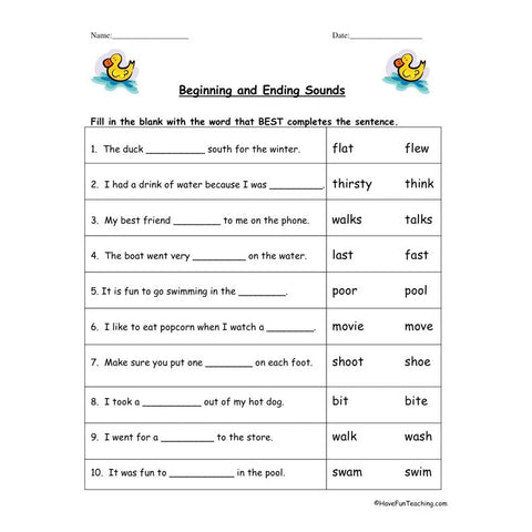 Beginning Ending Sounds Worksheet