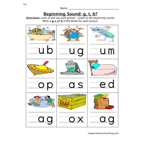 Beginning Sound G T B Worksheet
