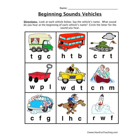Beginning Sounds Vehicles Worksheet