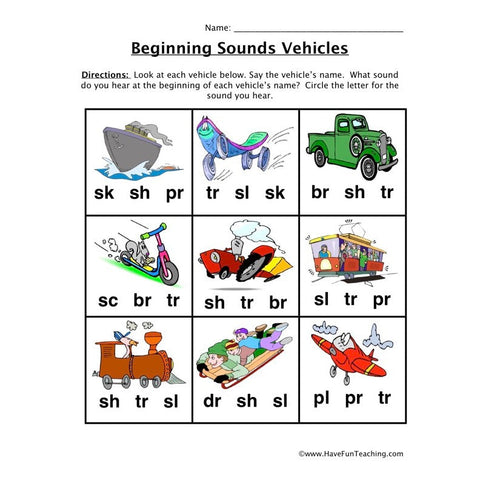 Beginning Sounds Vehicles Worksheet 2