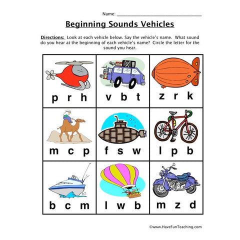 Beginning Sounds Vehicles Worksheet 3