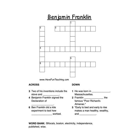 Benjamin Franklin Crossword Puzzle Worksheet