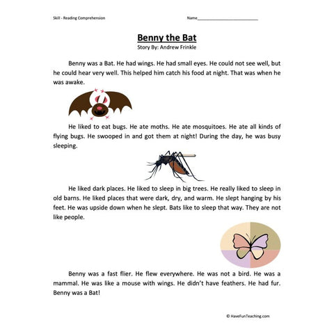 Benny the Bat Reading Comprehension Worksheet