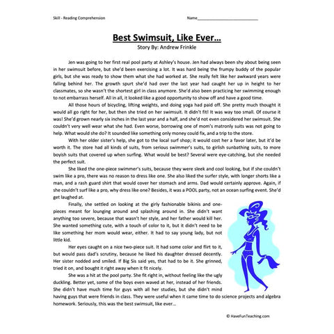 Best Swimsuit Like Ever Sixth Reading Comprehension Worksheet