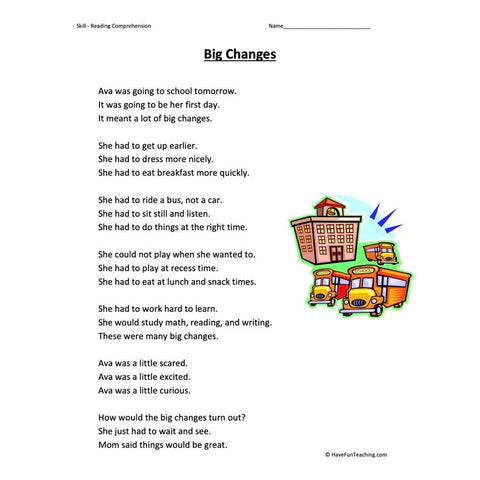 Big Changes Reading Comprehension Worksheet