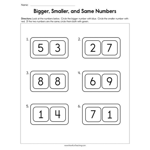 Bigger Smaller and Same Numbers Worksheet