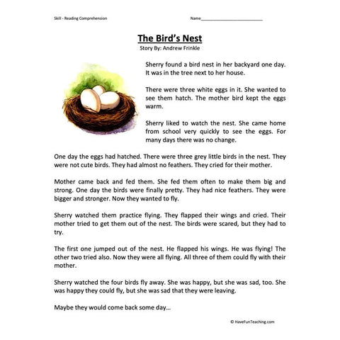Birds Nest Reading Comprehension Worksheet
