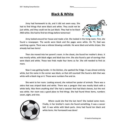 Black and White Reading Comprehension Worksheet