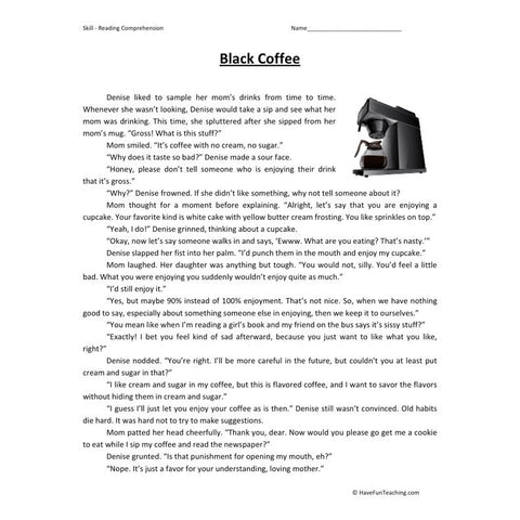 Black Coffee Reading Comprehension Worksheet