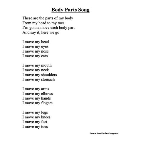 Body Parts Song Worksheet