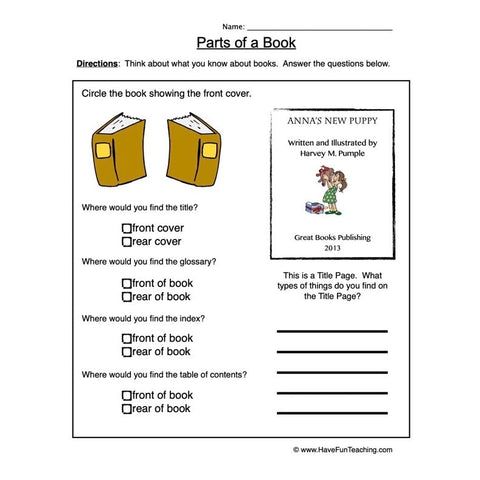 Book Parts Worksheet