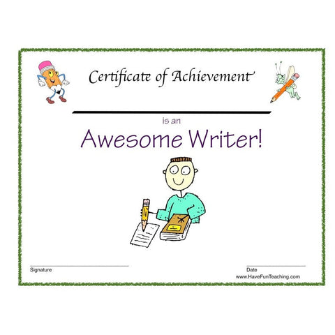 Boy Awesome Writer Certificate Worksheet