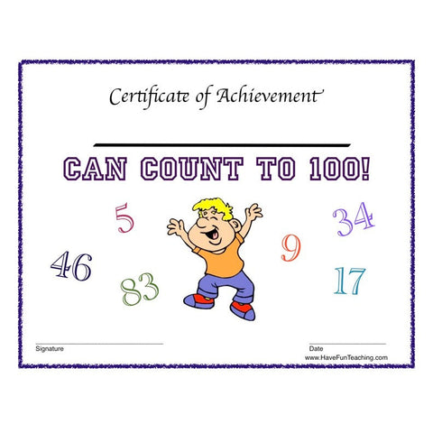 Boy Count 100 Certificate Worksheet